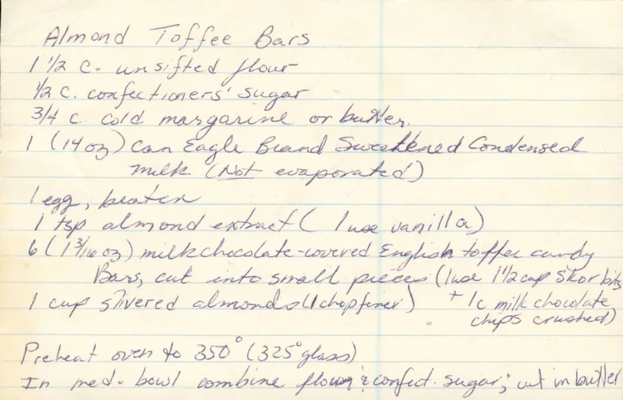 Scanned recipe card, page 1