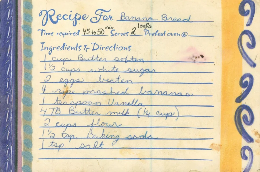 Scanned recipe card, page 1
