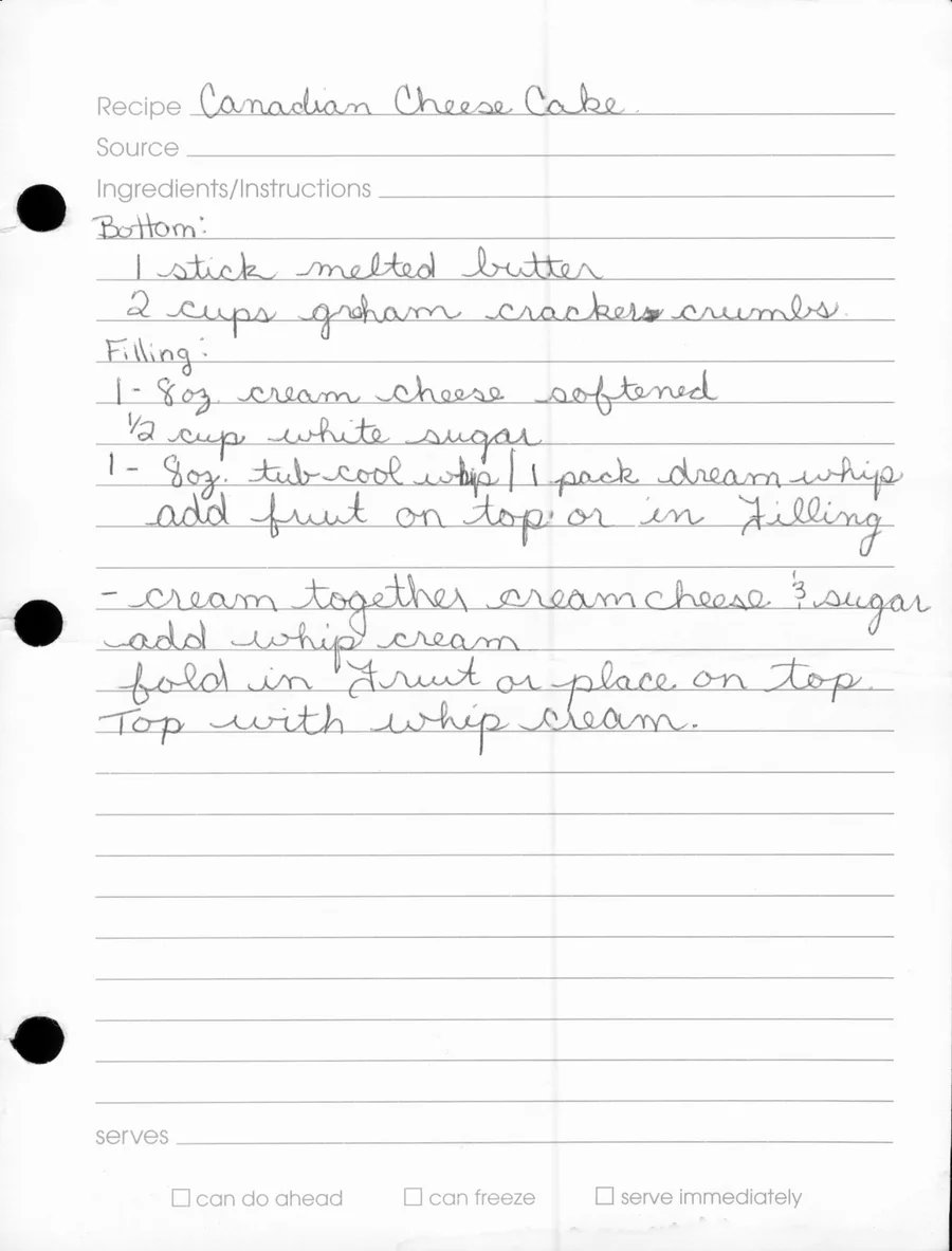 Scanned recipe card, page 1