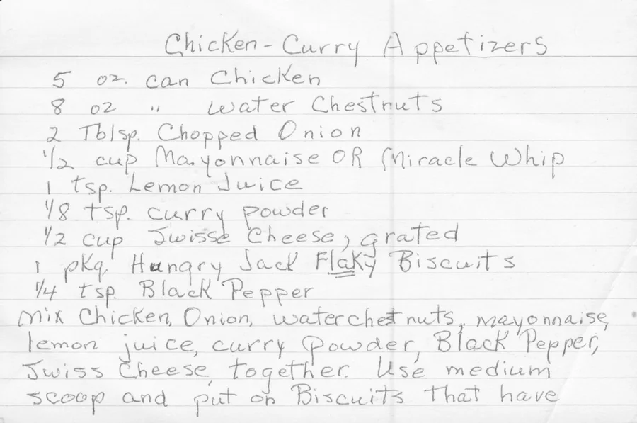 Scanned recipe card, page 1