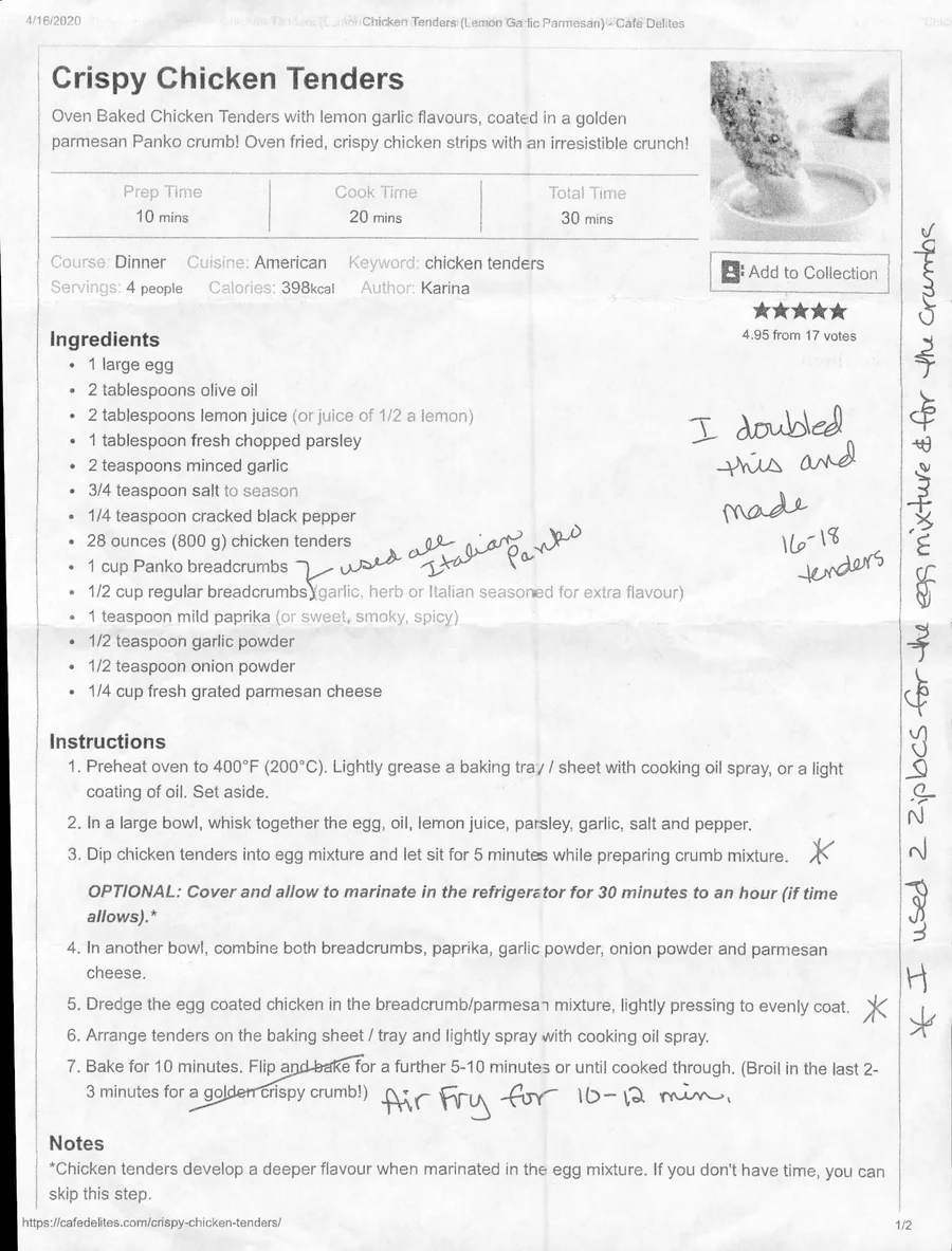 Scanned recipe card, page 1