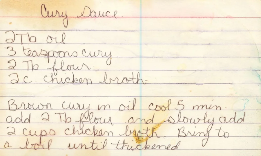 Scanned recipe card, page 1