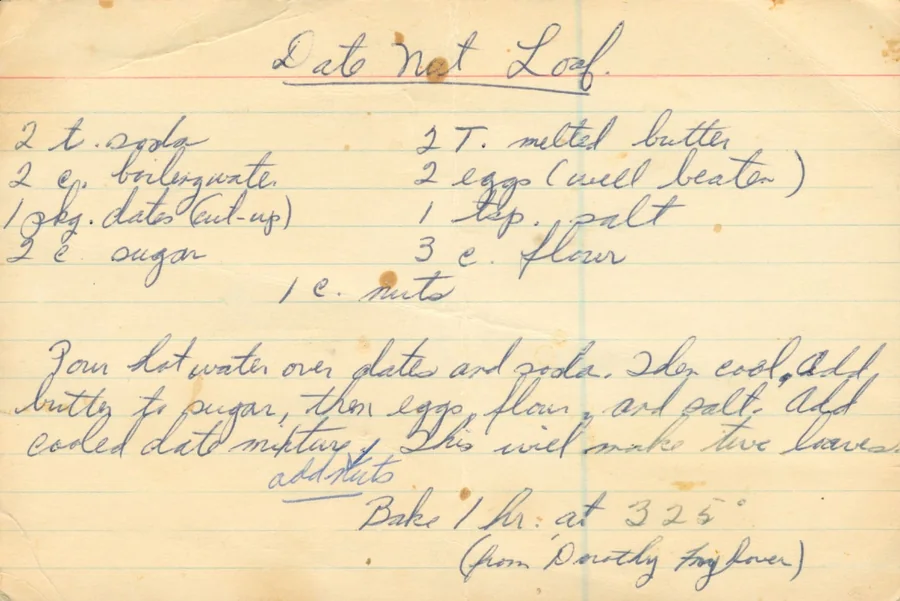 Scanned recipe card, page 1
