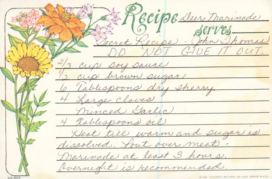 Scanned recipe card, page 1