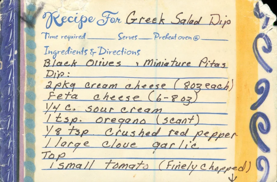 Scanned recipe card, page 1