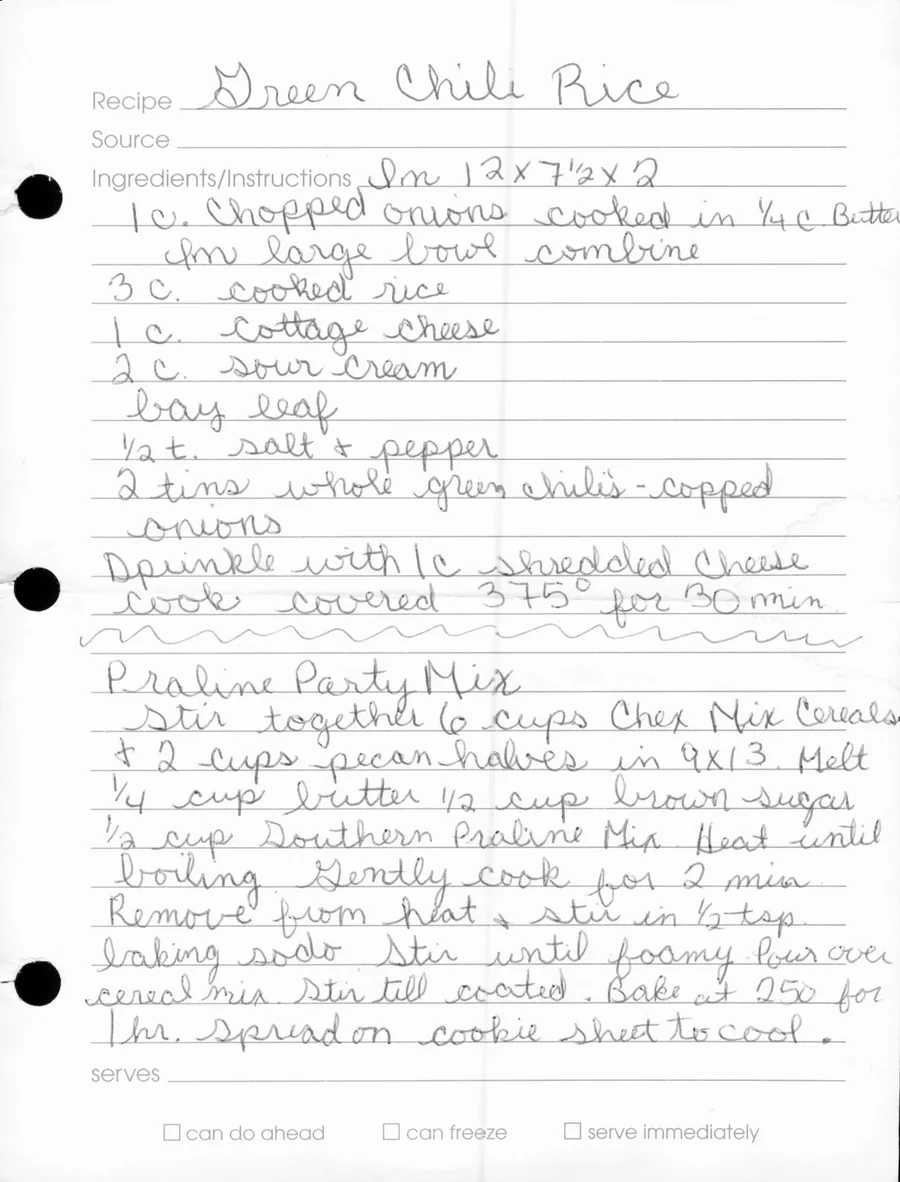 Scanned recipe card, page 1