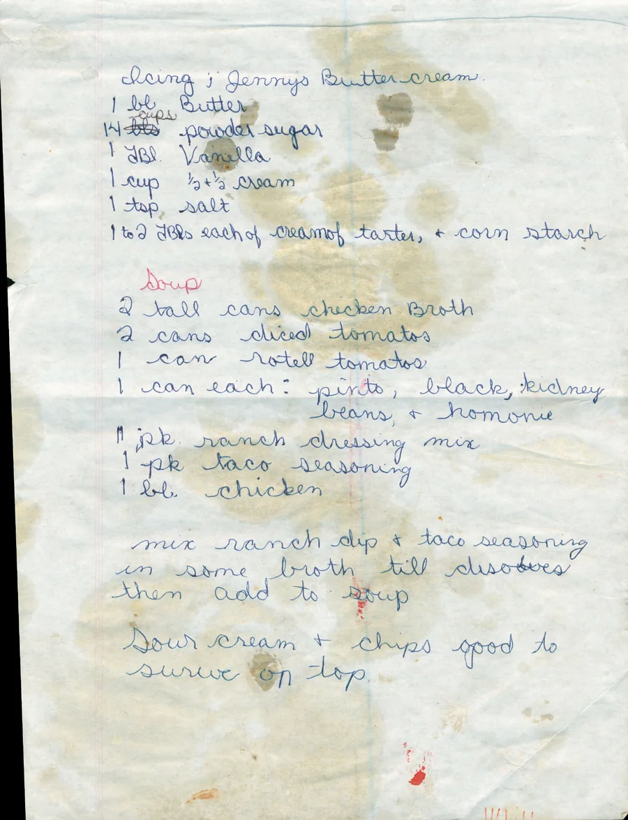 Scanned recipe card, page 1