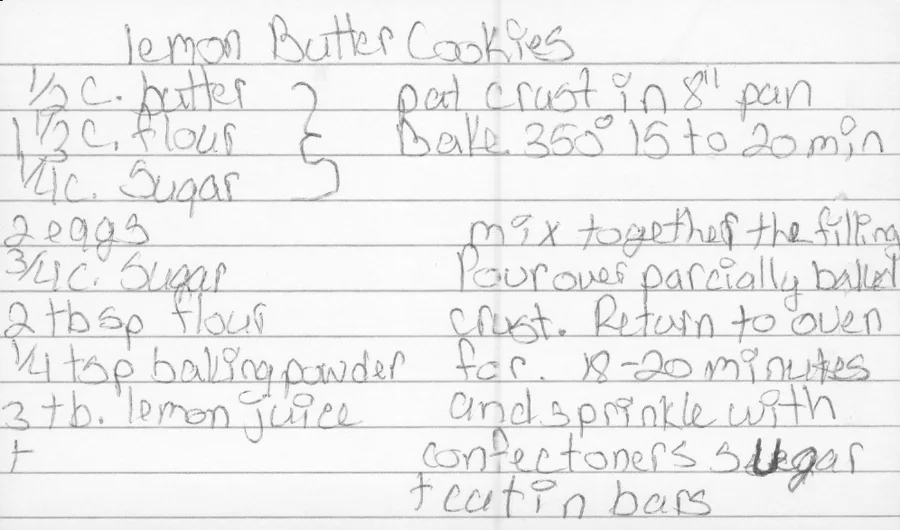 Scanned recipe card, page 1