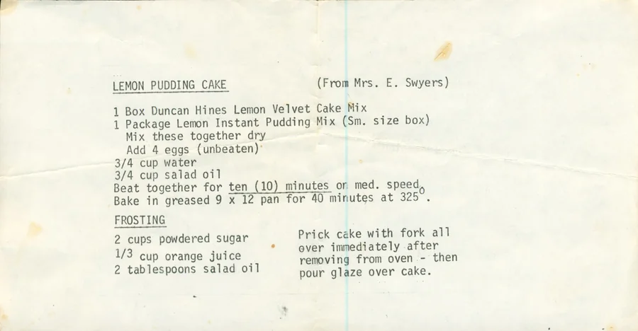 Scanned recipe card, page 1