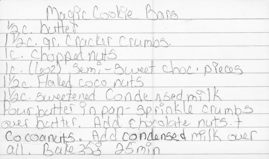 Scanned recipe card, page 1
