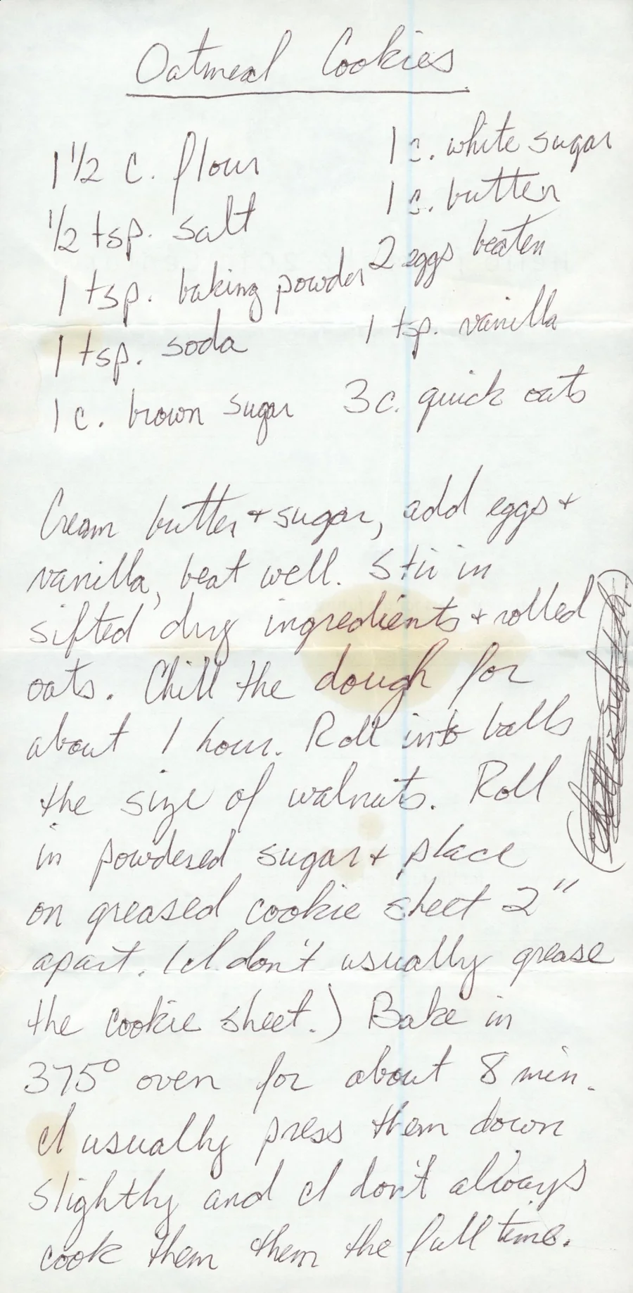 Scanned recipe card, page 1