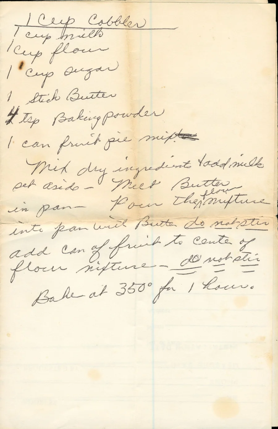 Scanned recipe card, page 1