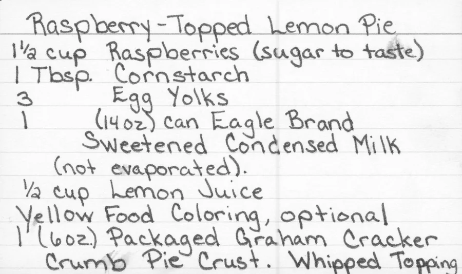 Scanned recipe card, page 1
