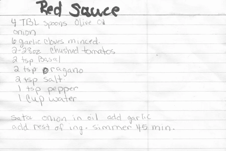 Scanned recipe card, page 1