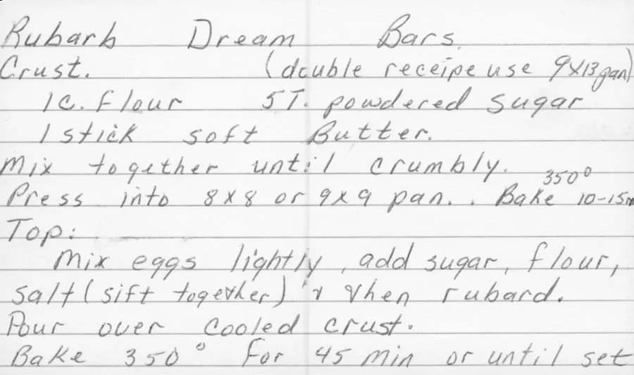 Scanned recipe card, page 1