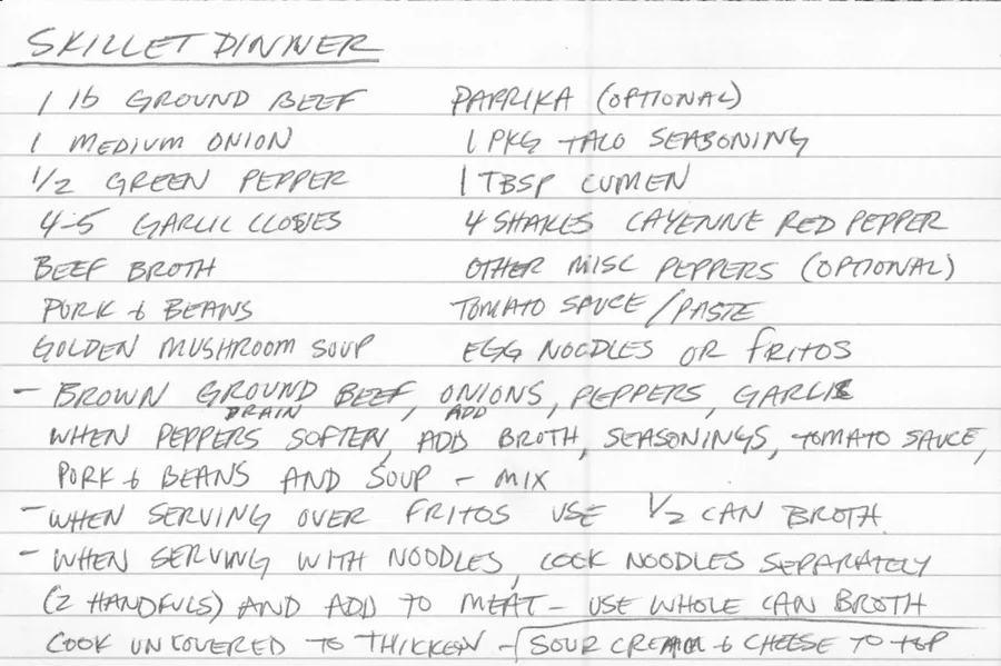 Scanned recipe card, page 1