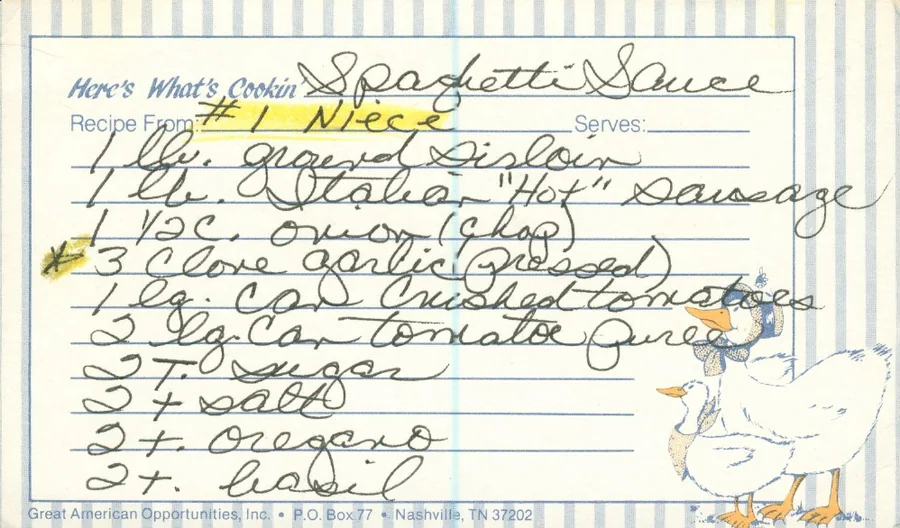 Scanned recipe card, page 1