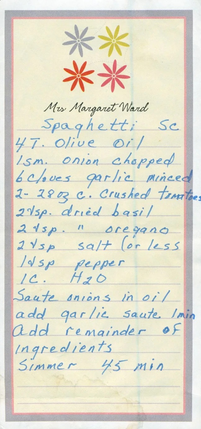 Scanned recipe card, page 1