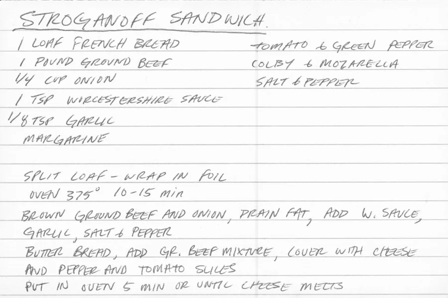 Scanned recipe card, page 1