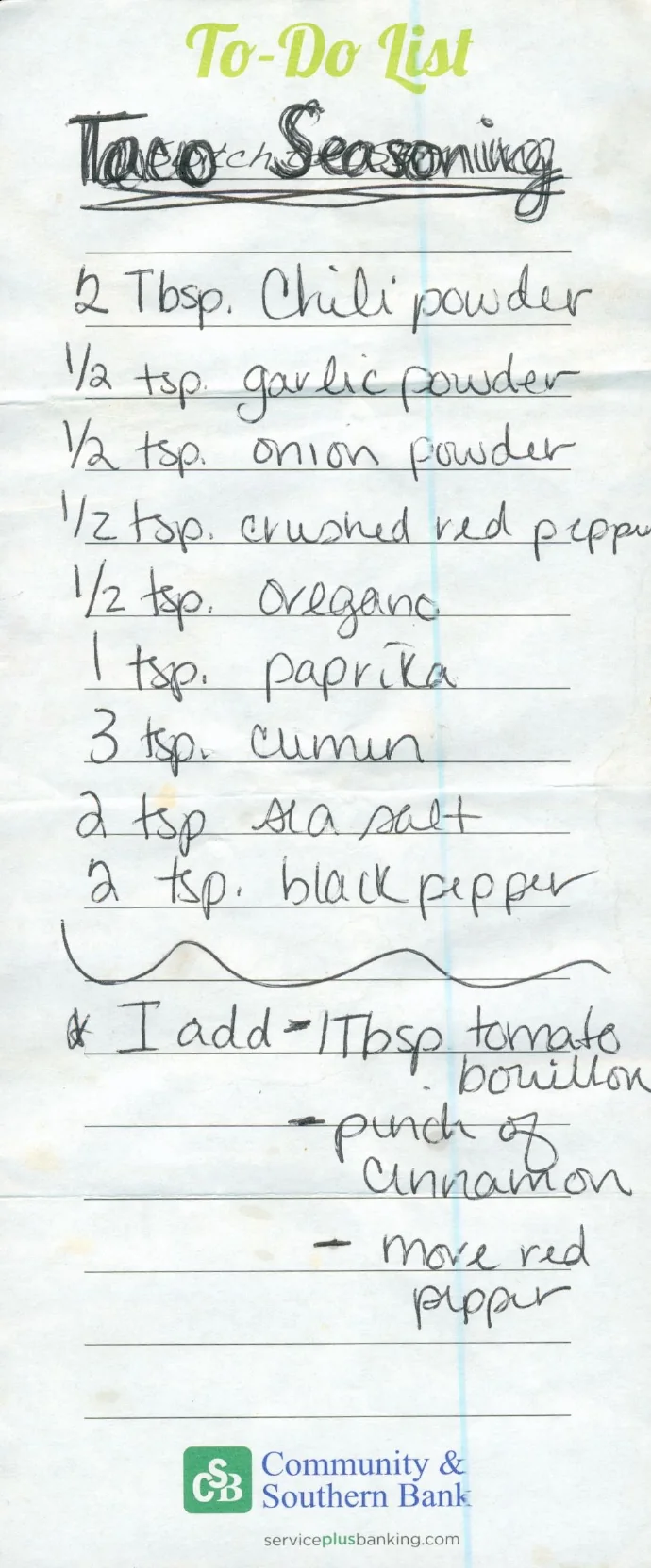 Scanned recipe card, page 1