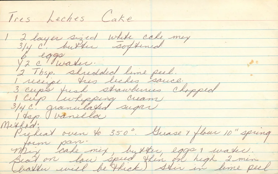 Scanned recipe card, page 1