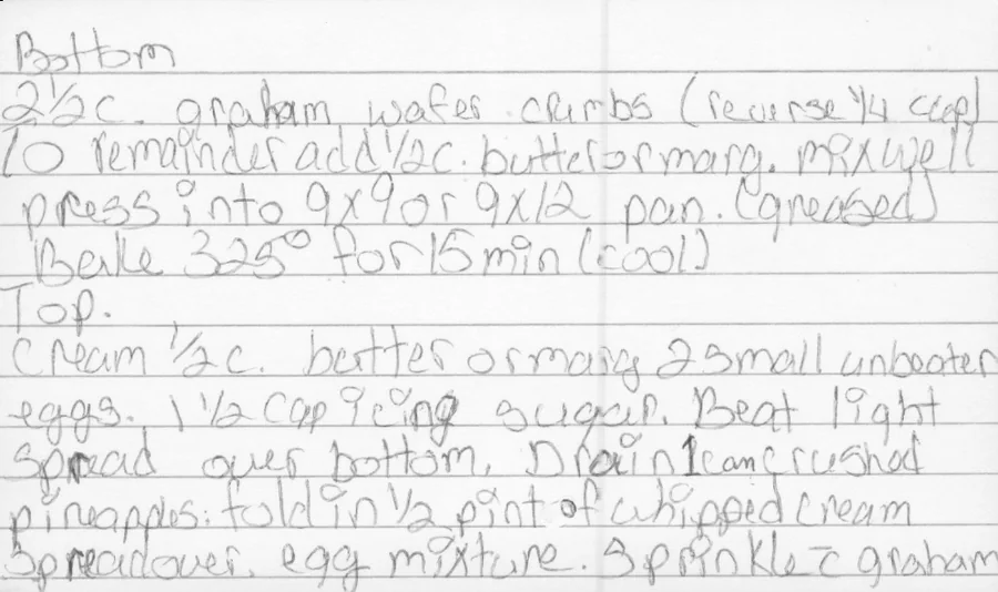 Scanned recipe card, page 1