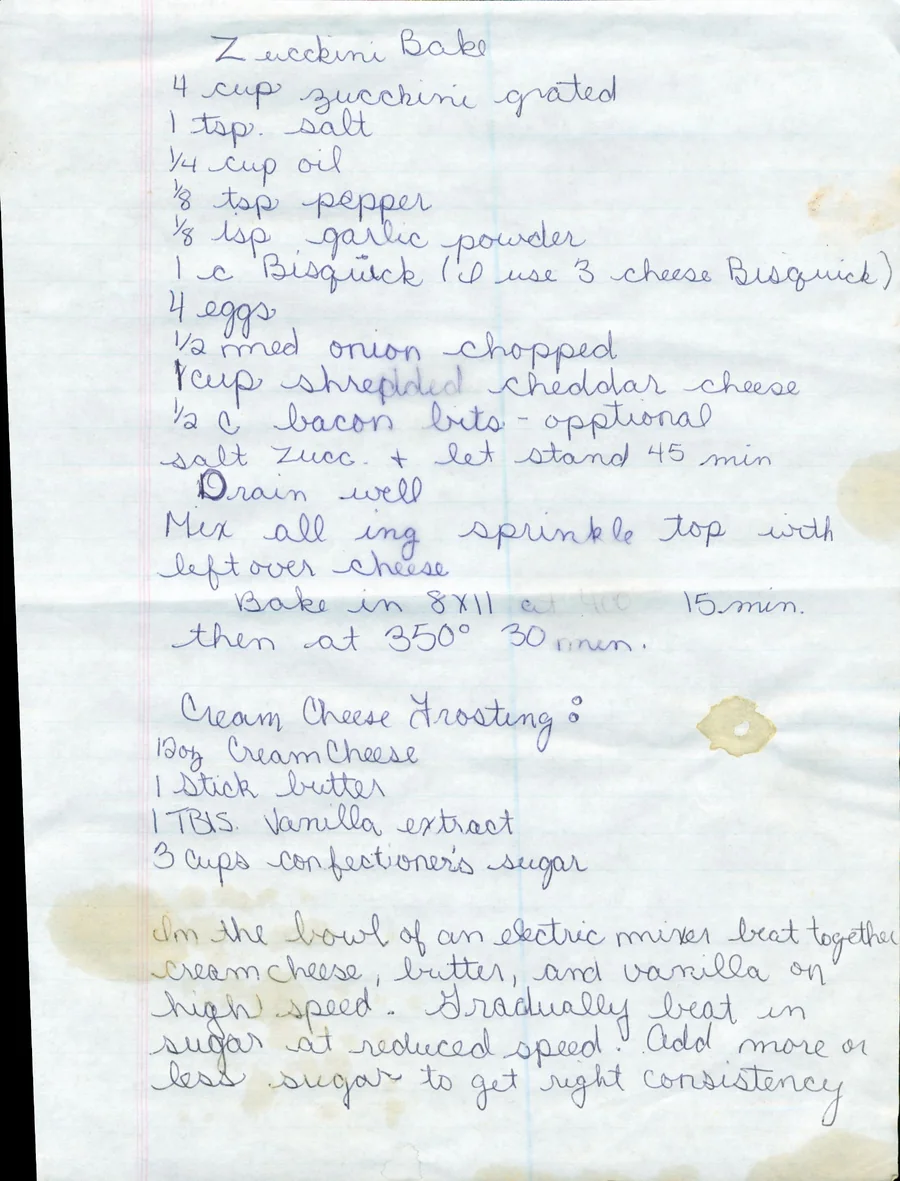 Scanned recipe card, page 1