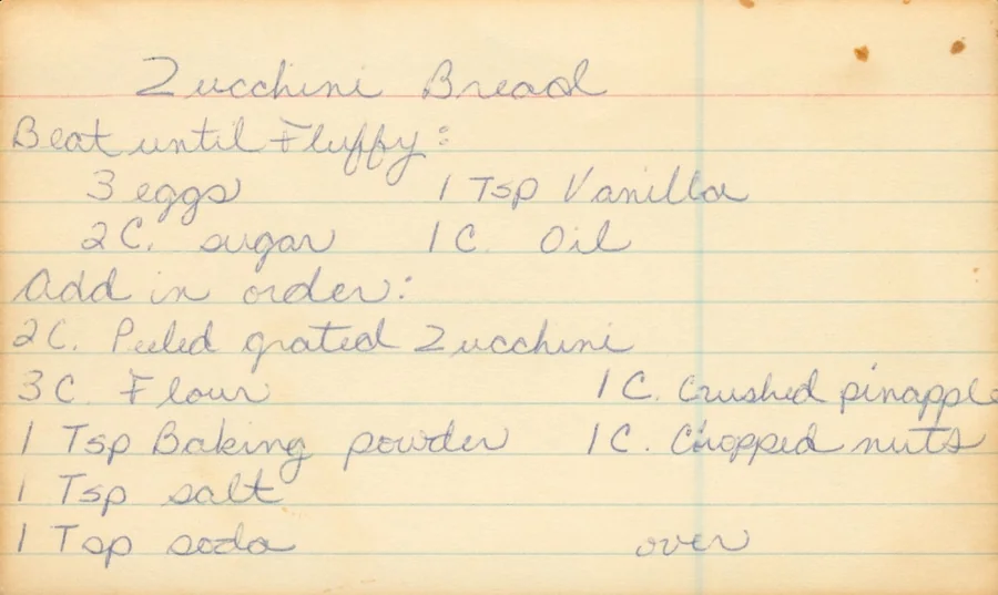 Scanned recipe card, page 1