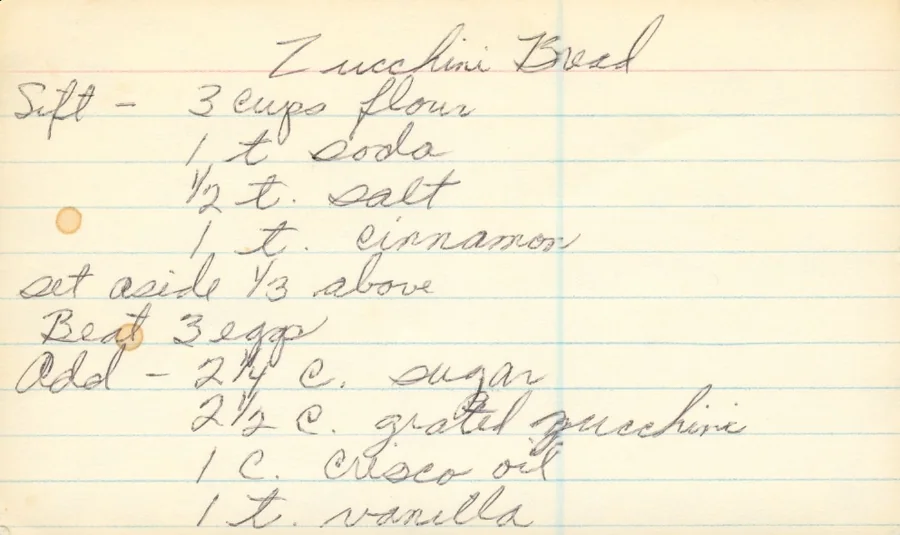Scanned recipe card, page 1